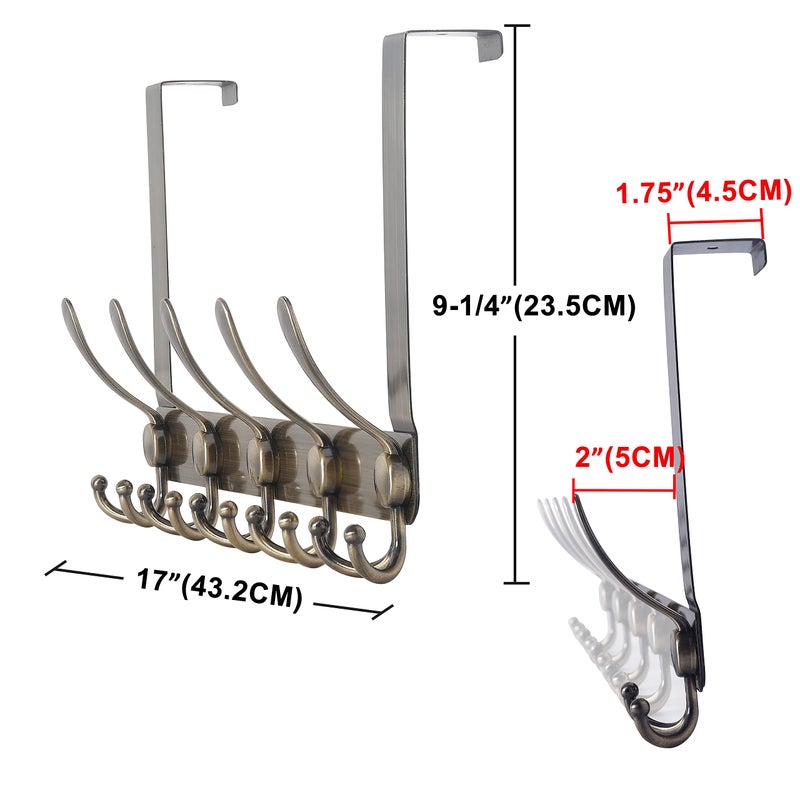 Dseap Over The Door Hook Hanger - Fits 1 3/8" to 1 3/4" Standard Doors | 5 Tri Hooks Heavy Duty Towel/Coat Rack | Door Organizer for Clothes, Jackets, Hats, Towels, Bronze - Image 2
